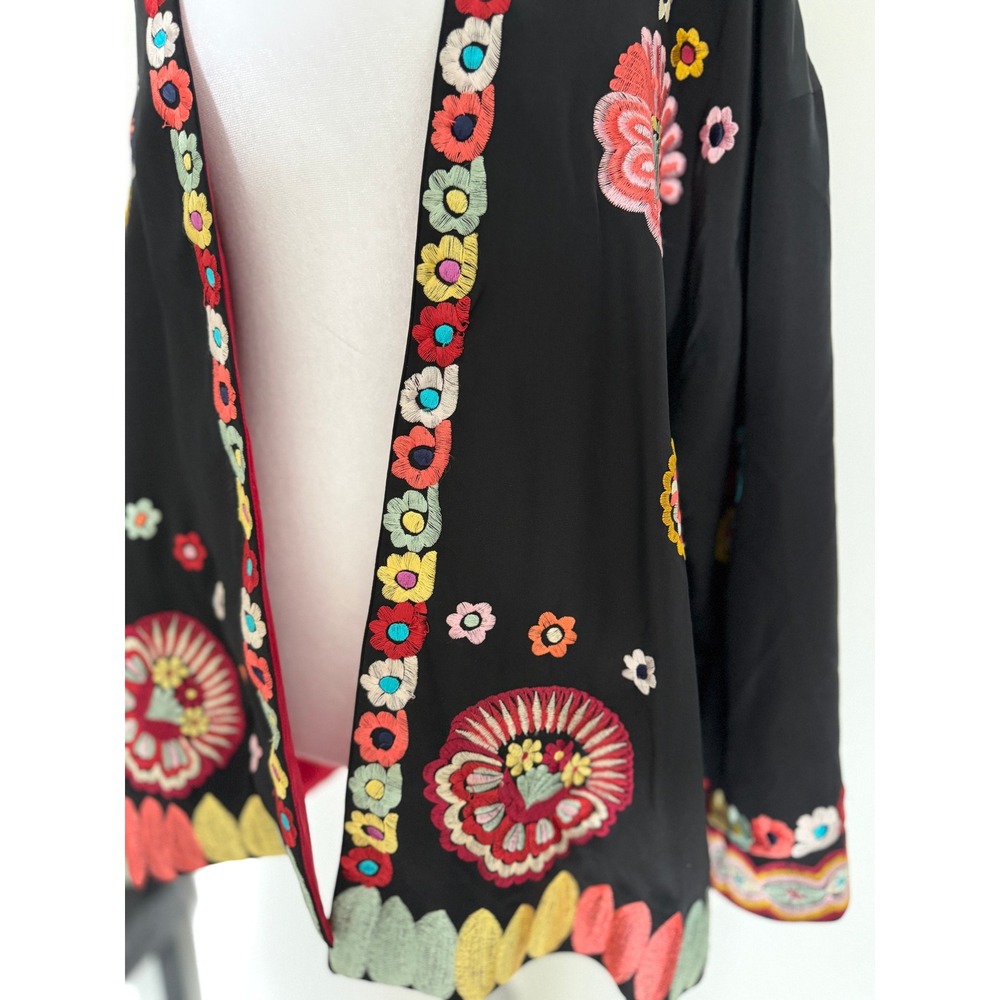 Natori Black Embroidered Kimono Jacket Floral Open Front Boho Statement XL - Picture 14 of 16